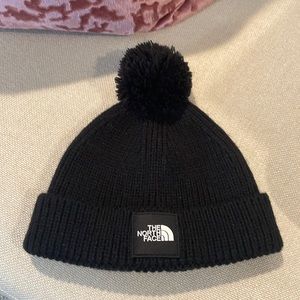 The North Face Toddler Beanie Hat Logo Boxed Cuff Puff Ball Sz Small 2T-3T Black